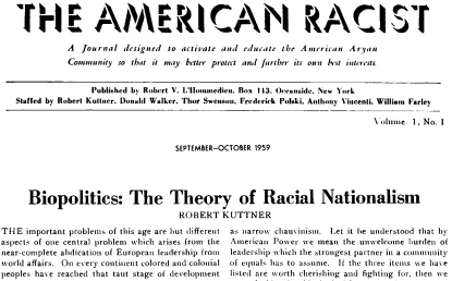 Headline of The American Racist and Kutter's article, 
