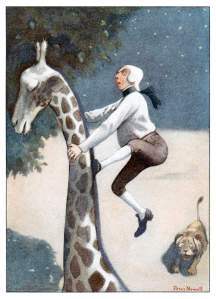 A man climbing the neck of a giraffe.
