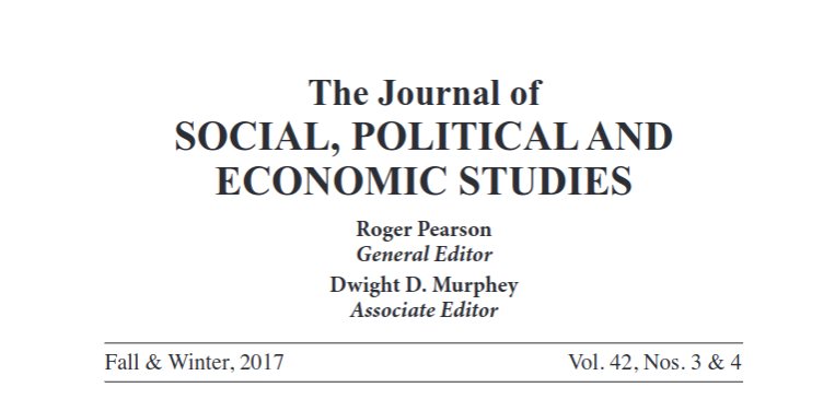 Masthead of the Journal of Social, Political, and Economic Studies listing Roger Pearson as General Editor